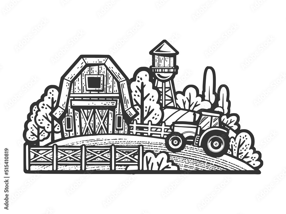 farm countryside landscape sketch engraving vector illustration. T-shirt apparel print design. Scratch board imitation. Black and white hand drawn image.