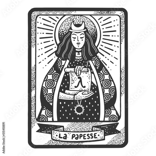 Tarot playing card High Priestess sketch engraving vector illustration. T-shirt apparel print design. Scratch board imitation. Black and white hand drawn image.