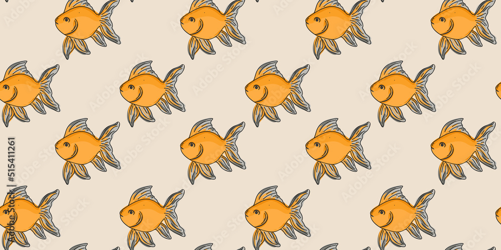 Obraz premium Goldfish seamless pattern. Flat vector illustration, doodle style or hand drawn