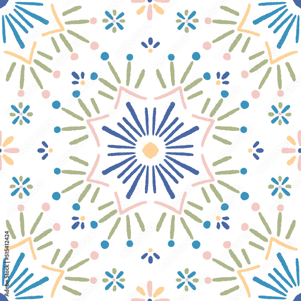 Seamless multicoloured abstract tile pattern on a white background.
