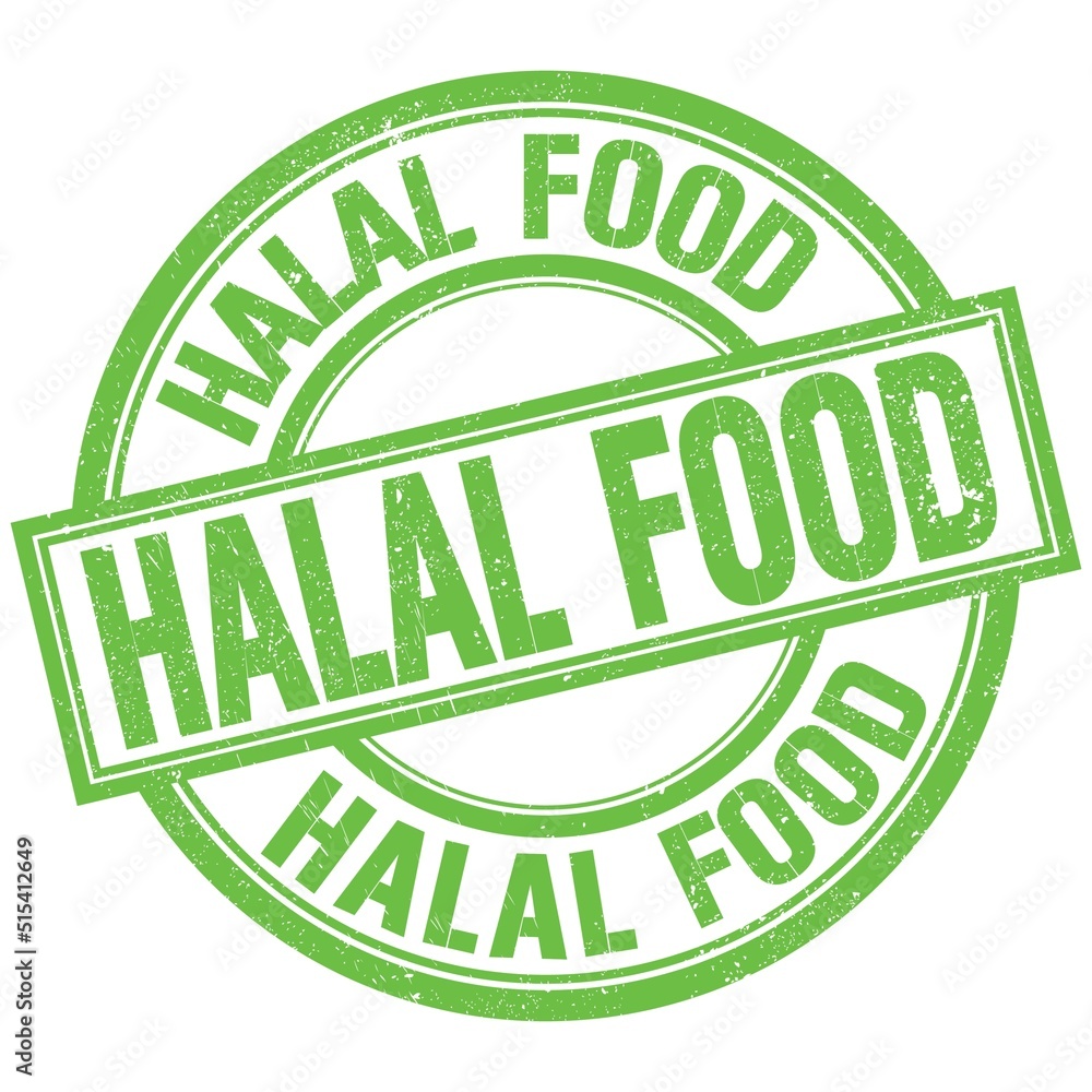 HALAL FOOD written word on green stamp sign HALAL FOOD written word on green stamp sign