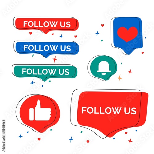 Social media concept, follow us banner. Set of signs for successful strategies. Blogging concept, influencer marketing, network promotion, SMM banner, landing page.