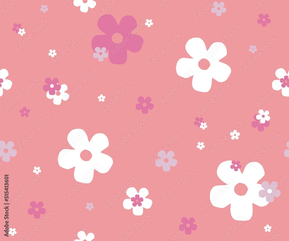 Vector seamless pattern for fabric and paper with flowers on pink background. Drawing for fabric, textiles, children's clothing, wallpaper.