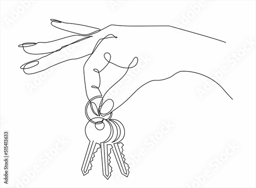Continuous line drawing. The hand holds the keys to the car or apartment. Lines black on white background.