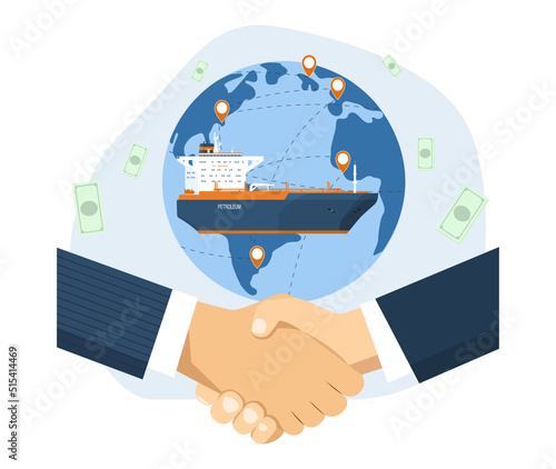 Oil trading concept using tanker ships. Vector illustration.