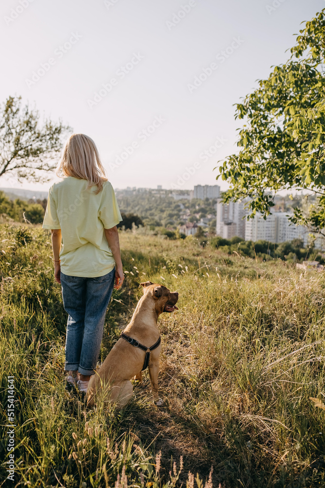 Woman standing in nature, next to a pit bull dog, looking at the city. Woman standing in nature, next to a pit bull dog, looking at the city.