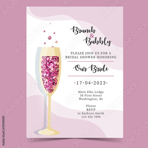 Brunch and Bubbly bridal shower. Vector illustration. Wedding invitation with golden glitter.