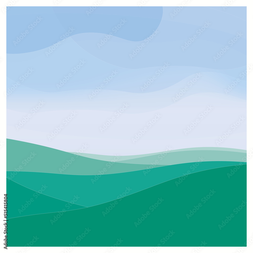 Green hills landscape minimalist background in blue and green colours . Vector illustration, concept for card, banner, poster, flyer, print.
