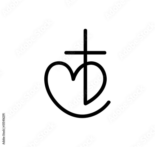 Monoline black Vector Christian logo Heart with Cross. Isolated on Background. Hand Drawn Minimalistic religion icon symbol love