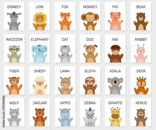 Set of vector illustrations with cute animals for kids. Educational cards for preschool children.