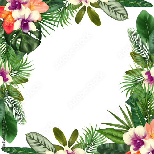 Card template  floral border of green tropical leaves and orchid flowers  illustration on white background