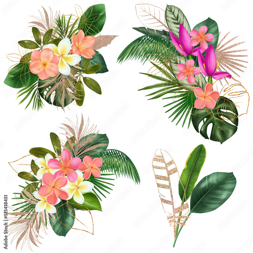 Bouquets of green tropical leaves and bright exotic flowers (plumeria, canna, banana flower and strelitzia), tropical floral clipart, isolated illustration on white background Bouquets of green tropical leaves and bright exotic flowers (plumeria, canna, banana flower and strelitzia), tropical floral clipart, isolated illustration on white background