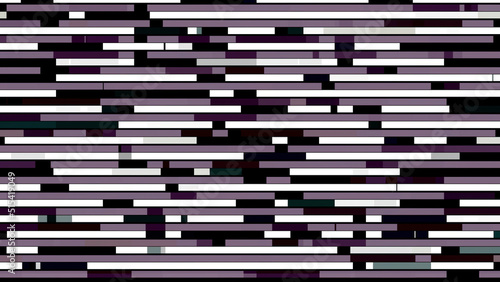 Abstract horizontal parallel rows of short lines moving into the different directions on black background, seamless loop. Animation. Purple and white segments appear and flow fast.