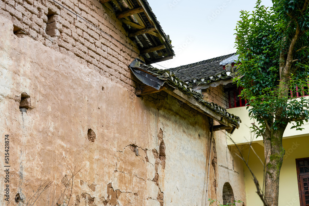 Close up of old mud brick house in rural China