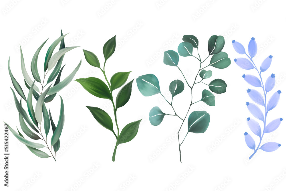 Watercolor gouache wild field botabical leaf foliage arrangement ornament hand drawn illustration element