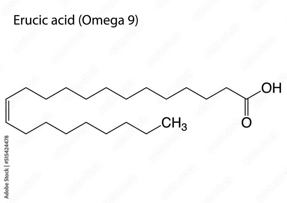 Digital vector illustration of the chemical structure of Erucic Acid or