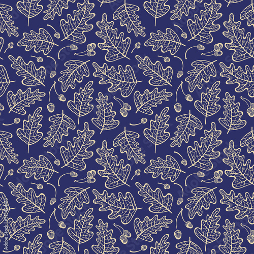 Seamless pattern with oak leaves and acorns. Hand drawn floral background. Vector illustration.