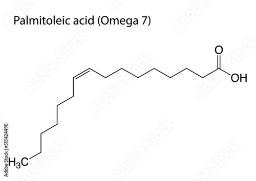 Digital vector illustration of the chemical structure of Palmitoleic Acid or Omega 7