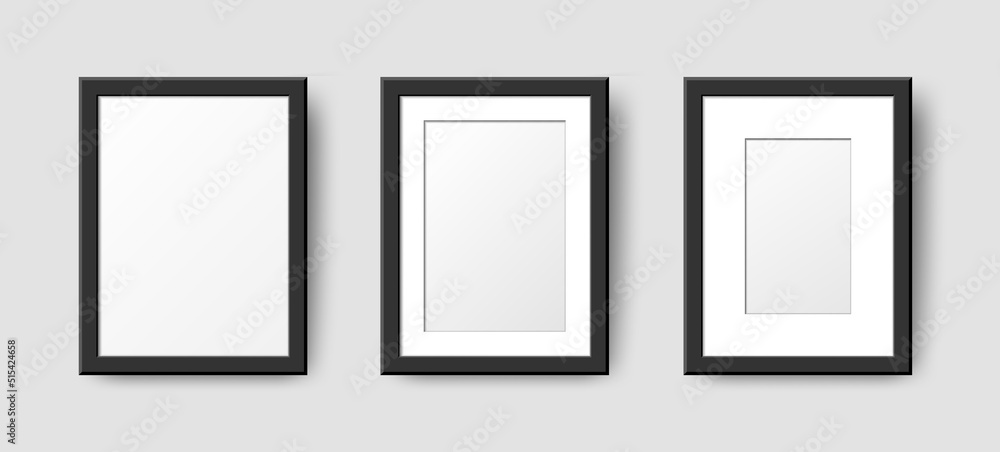 Realistic Rectangle Empty Wall Photo Frames set. Vector vertical black picture frame mockup template with shadow on gray background. Mockup for poster, banner, photo gallery, painting, presentation. Realistic Rectangle Empty Wall Photo Frames set. Vector vertical black picture frame mockup template with shadow on gray background. Mockup for poster, banner, photo gallery, painting, presentation.