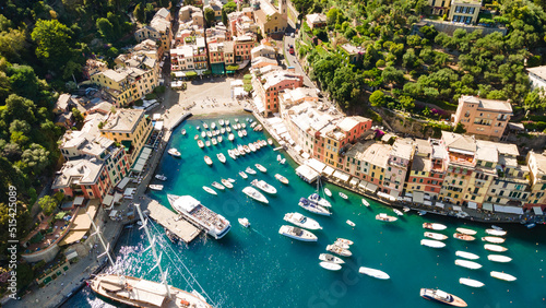 Εκτύπωση καμβά Aerial view of a popular Italian town on the Ligurian coast with moored boats in the azure water