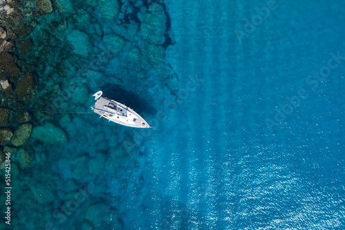 Drone aerial photograph of yacht in the open sea. Summer vacations holidays Cyprus