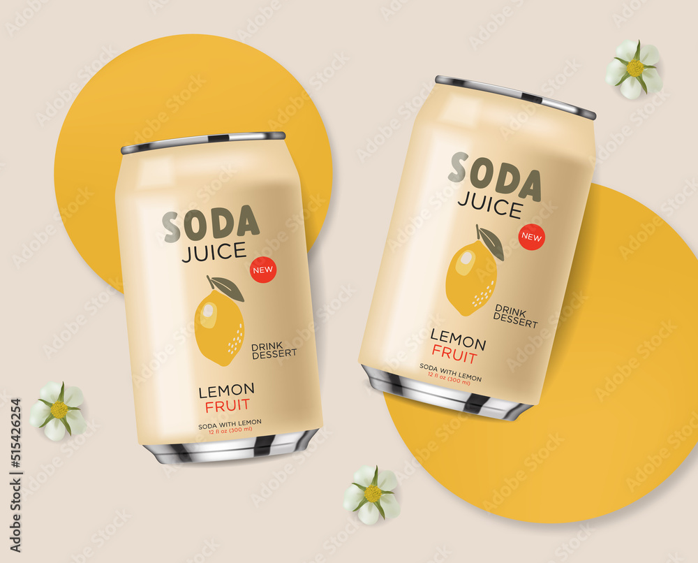 Soda drink contained in metallic can with lemon fruits, 3d realistic