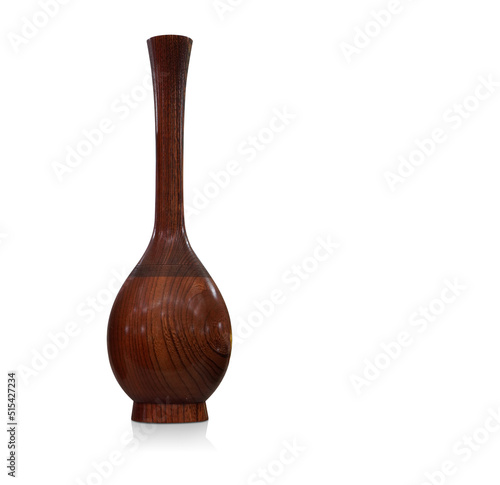 antique brown wooden long neck vase on white background, object, decor, template, banner, gift, copy space