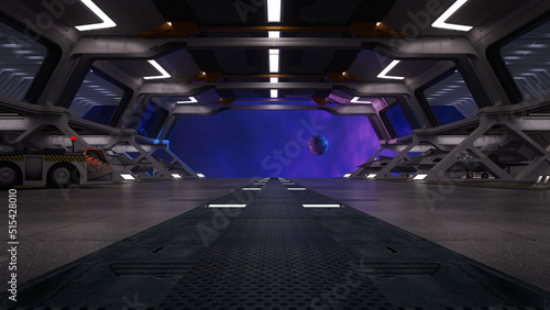Fototapeta Naklejka Na Ścianę i Meble -  Science fiction space station docking bay with view of a planet through the doorway. 3D rendering.