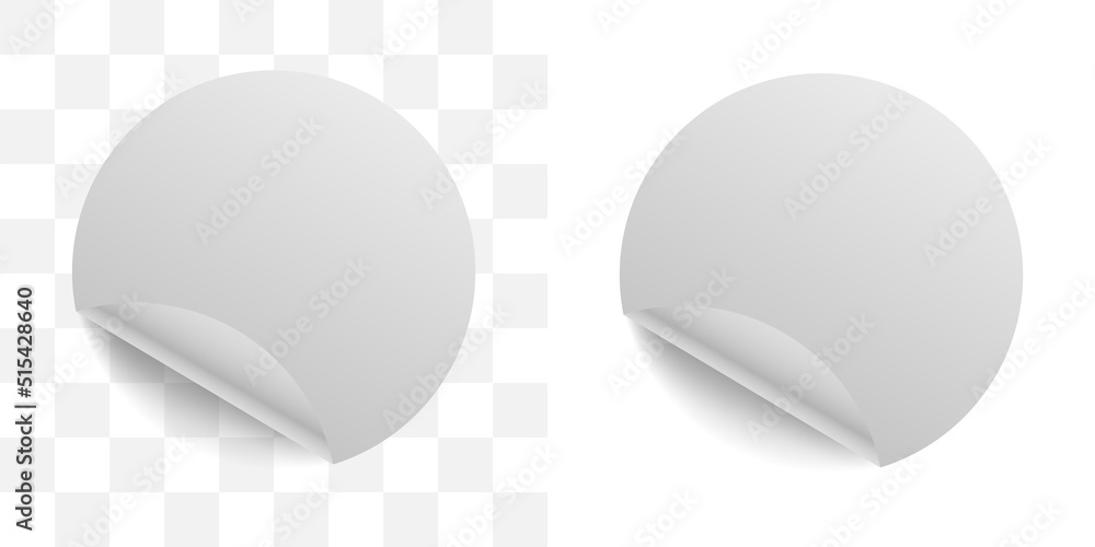 Curl round sticker paper. Vector isolated illustration. Flip peel circle realistic tags mockup.