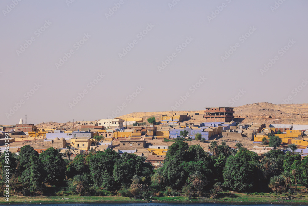 Panoramic View to the Colorful Nubian Village on the Egyptian Island near Nile River, Egypt