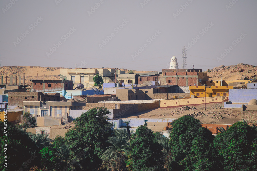 Panoramic View to the Colorful Nubian Village on the Egyptian Island near Nile River, Egypt