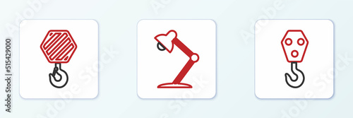 Set line Industrial hook, and Table lamp icon. Vector