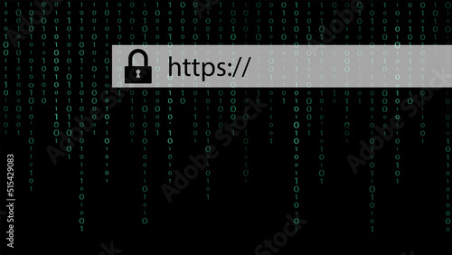 HTTPS secure internet connection in browser address bar for staying safe on the web with green binary code background. photo