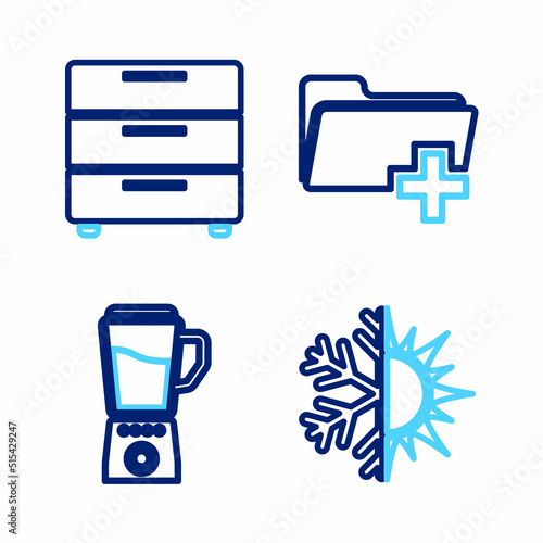 Set line Sun and snowflake, Blender, Add new folder and Furniture nightstand icon. Vector