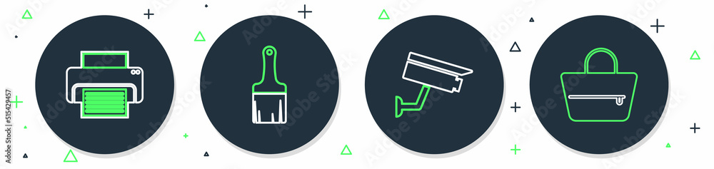 Set line Paint brush, Security camera, Printer and Handbag icon. Vector Set line Paint brush, Security camera, Printer and Handbag icon. Vector