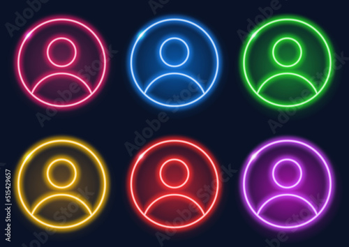 Neon sign. Set of neon icons with a little man. Glowing lines on a dark background.