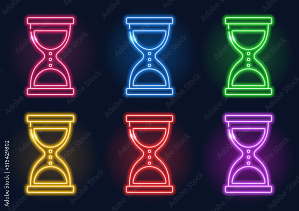 Neon sign. Set of neon hourglasses. Glowing lines on a dark background. Neon sign. Set of neon hourglasses. Glowing lines on a dark background.