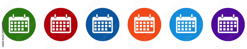Calendar icon round button. Icons of different colors on a white background. Vector graphics eps10 Calendar icon round button. Icons of different colors on a white background. Vector graphics eps10