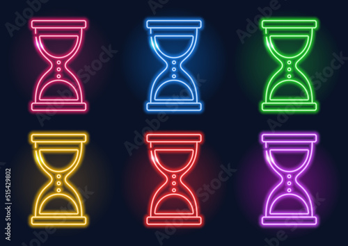 Neon sign. Set of neon hourglasses. Glowing lines on a dark background.