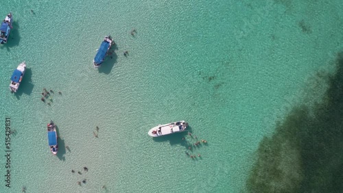 Bird's eye view over tourists snorkeling and diving in the sea water alongside motor boats in coastal region of Cozumel Island, Quintana Roo, Mexico at daytime. photo