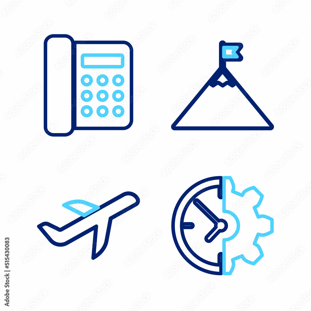 Set line Clock and gear, Plane, Mountains flag and Telephone icon. Vector Set line Clock and gear, Plane, Mountains flag and Telephone icon. Vector
