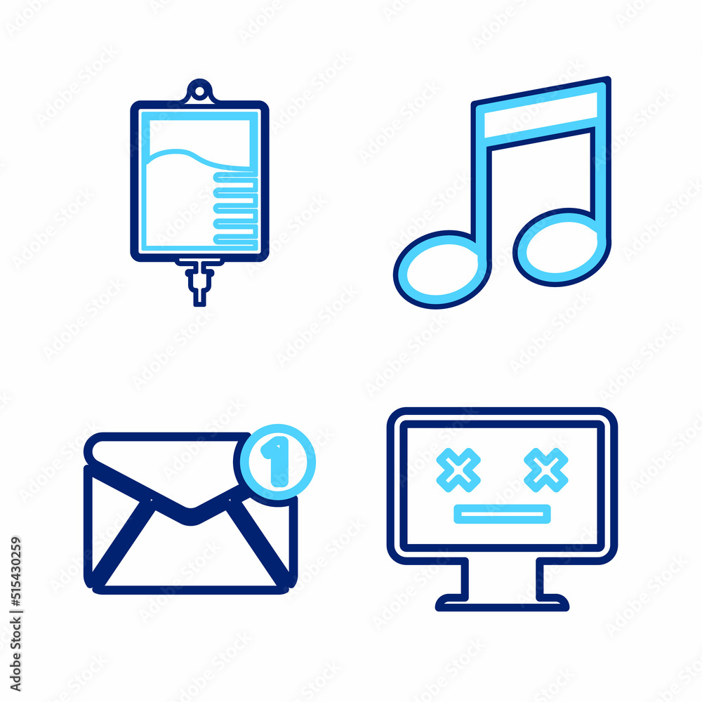 Set line Dead monitor, New, email incoming message, Music note, tone and IV bag icon. Vector Set line Dead monitor, New, email incoming message, Music note, tone and IV bag icon. Vector