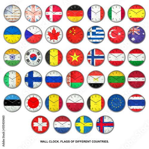 Set, Wall clock in the color of flags of different countries. Signs and symbols. Isolated on a white background. Design © vallerato