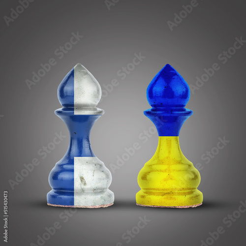 Pawns in the colors of the flag of Ukraine and Finland, on a gray background. Support, union, and interaction. Sport. Politics. Business. photo