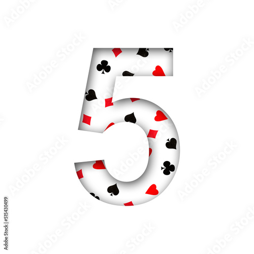 Digit, five, from various card suits. Shadow. Isolated on a white background. Decorative font. Gambling. Design