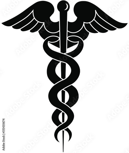 Caduceus symbol of medicine. Rod with wings and two serpents, herald's wand, Hermes staff. Black. Isolated on white background. Vector illustration.