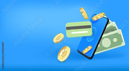 Mobile banking app and e-payment. Smartphone pay by credit card via electronic phone wallet.