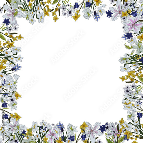 Vector floral frame. Sketchy flowers arrange in border on white background © lolya1988