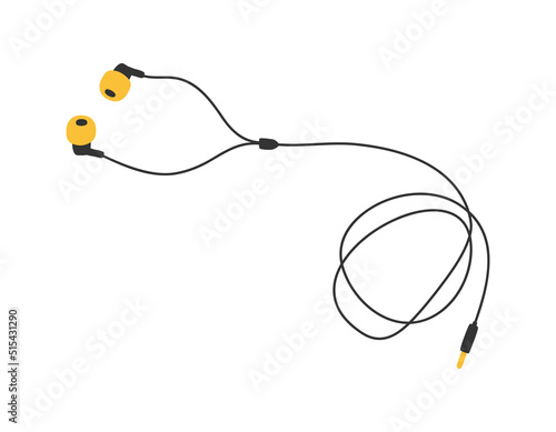 Hand drawn cute cartoon illustration of wired headphones. Flat vector headset sticker in simple line art doodle style. Outline music device icon or print. Isolated on white background.