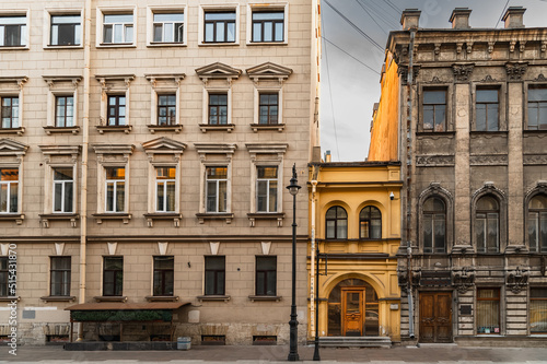 Facades of old historical houses. Old streets in Saint Petersburg.